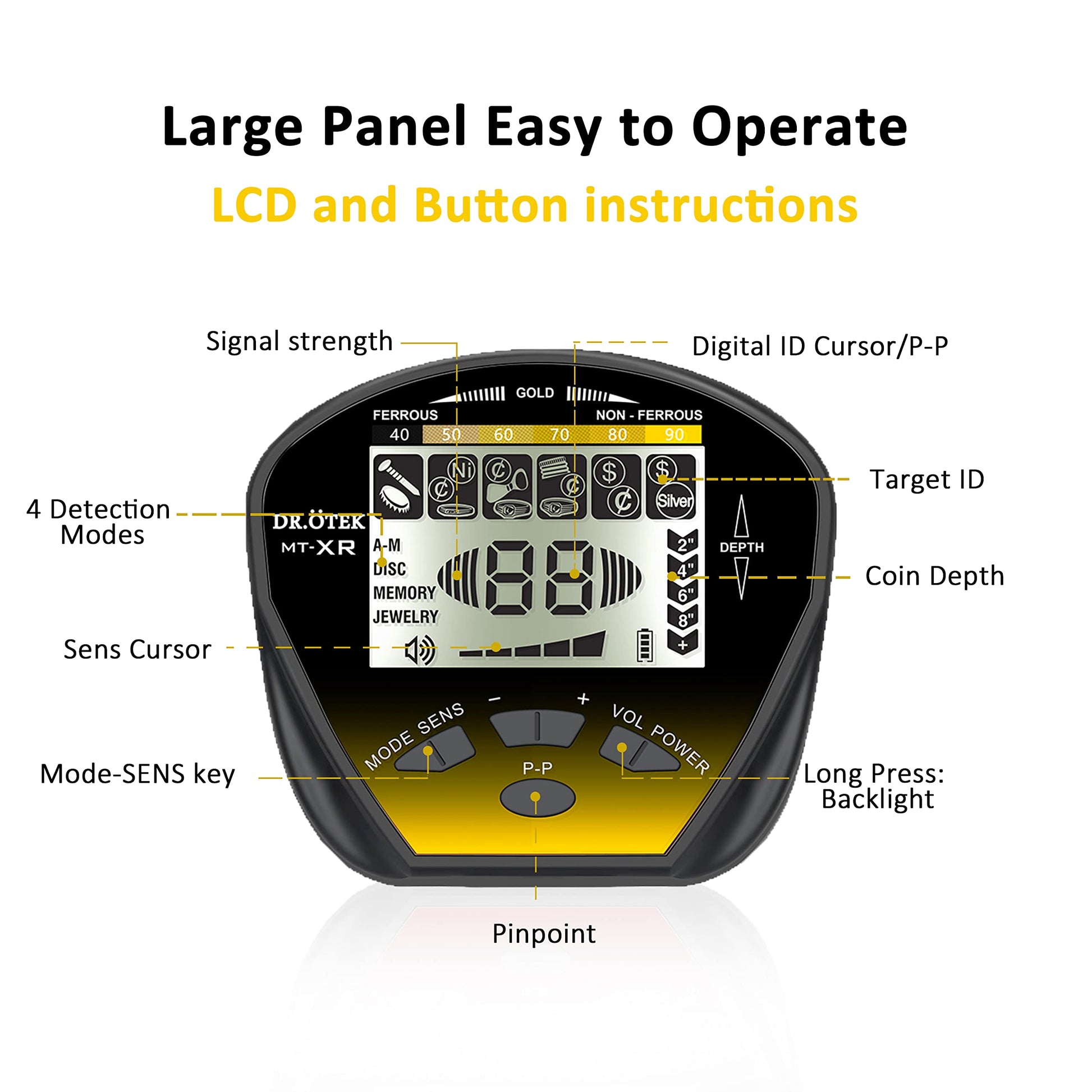 DR.ÖTEK Metal Detector for Adults Professional, Pinpoint Metal Detector Waterproof Gold and Silver, Higher Accuracy, Bigger LCD Display, Strong Memory Mode, 10" IP68 Coil, New Advanced DSP Chip