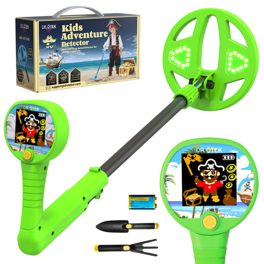 DR.ÖTEK Metal Detector for Kids - Innovative 2.4” Color LCD Display, 6.7” LED-Lit Coil, Adjustable & Lightweight Kids Metal Detector with Safe Rubber Grip, STEM Gifts for Boys & Girls Ages 3-12, Green